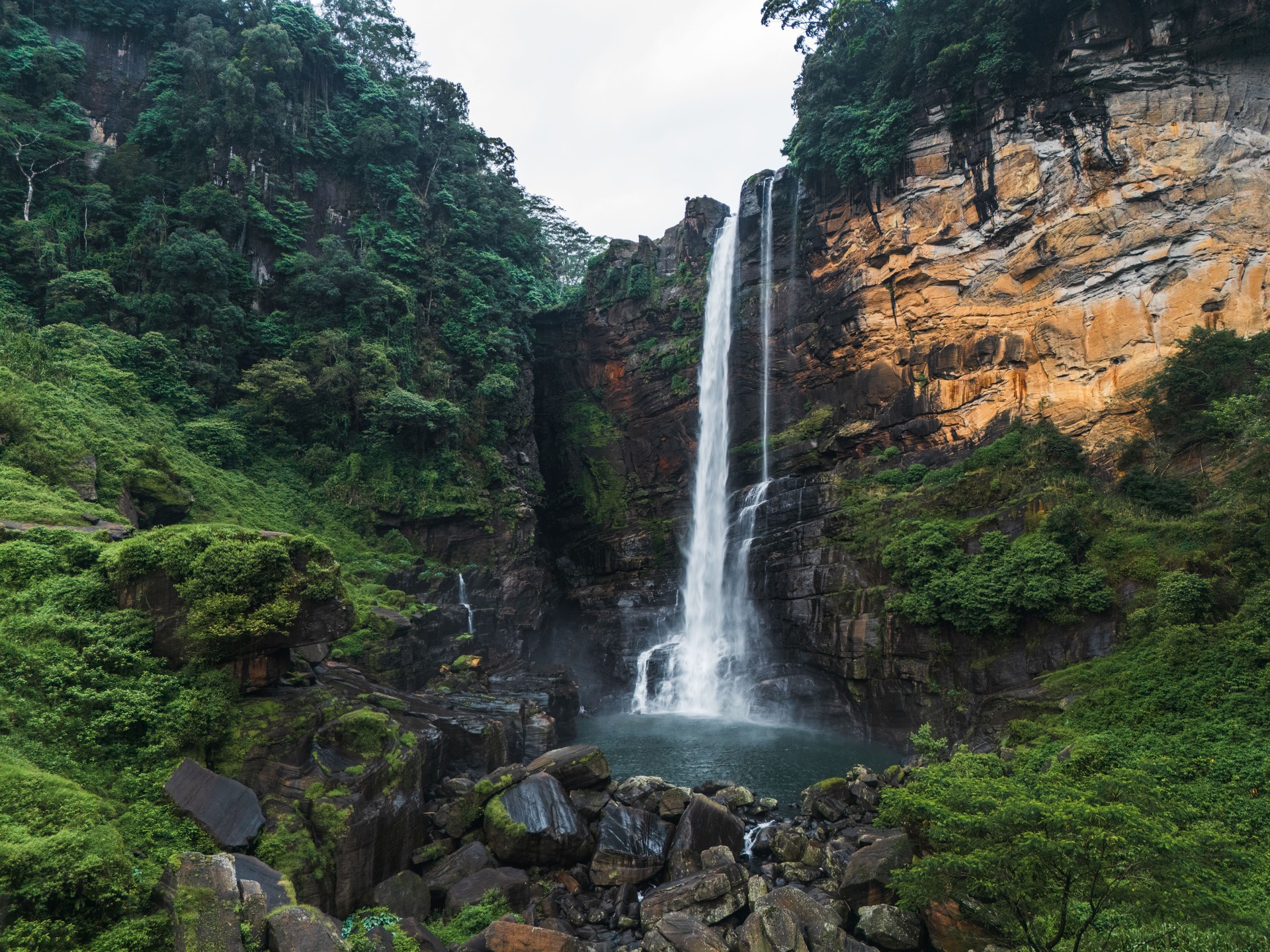 Aerial view of epic waterfall on Sri Lanka