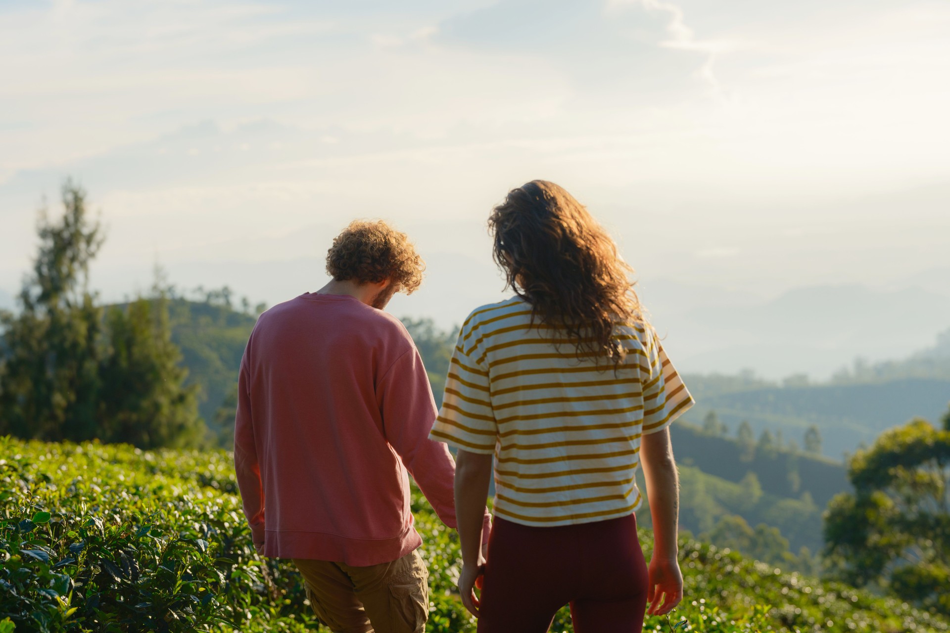 Cheerful man and woman on tea plantation