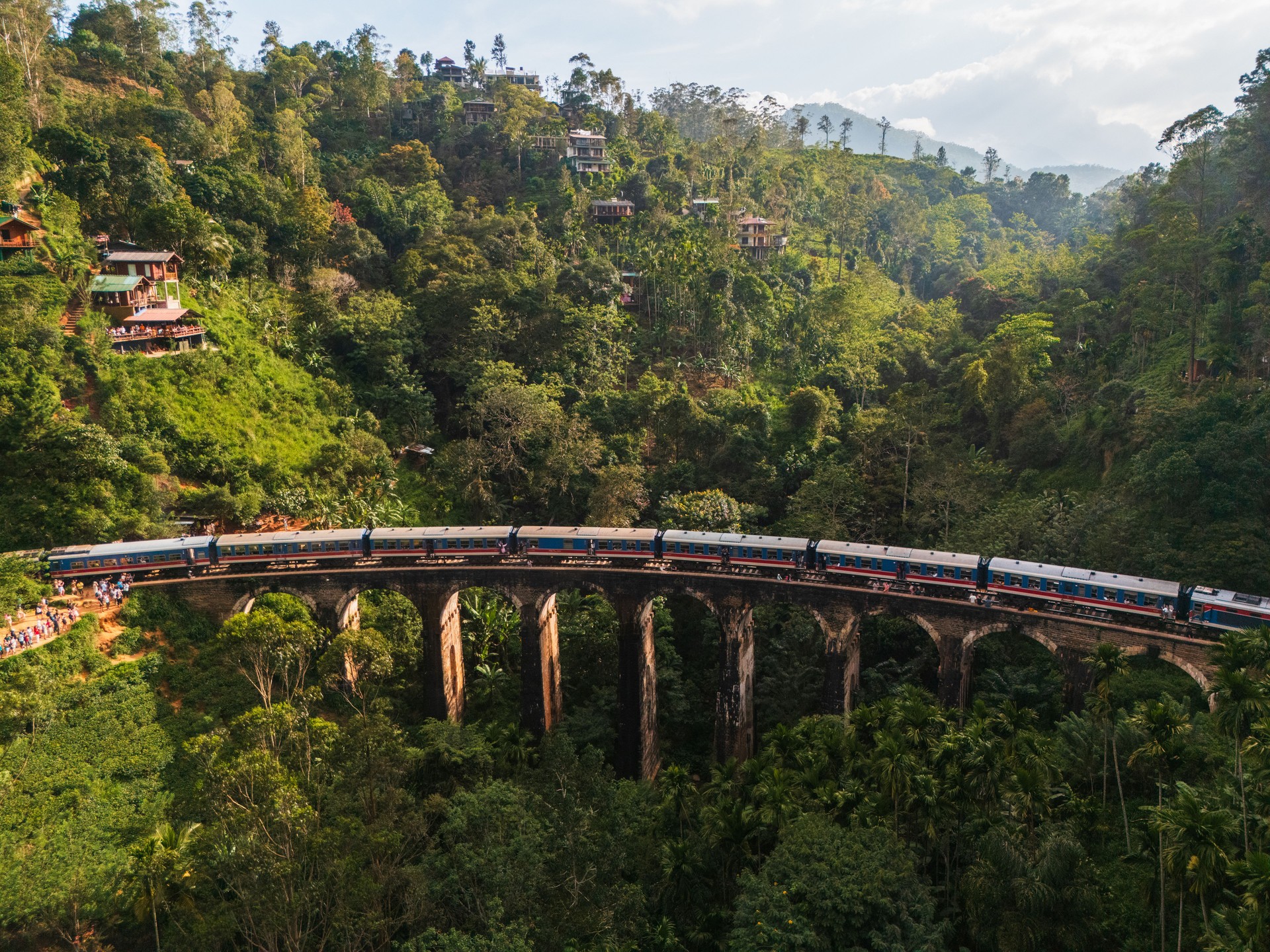 Aerial view of train passing Nine Arch bridge and tea plantation on Sri Lanka